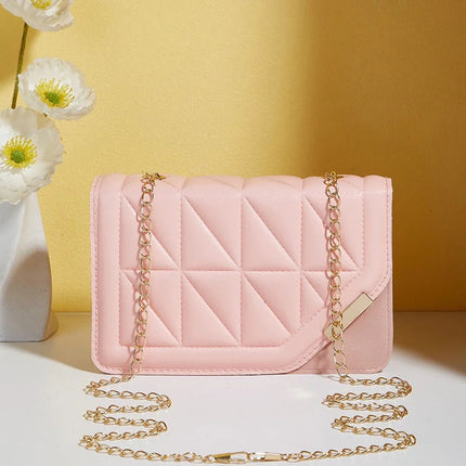 Trendy Embroidered Square Bag  - Diamond Pattern Shoulder Purse with Chain Strap & Magnetic Closure PlatiNum