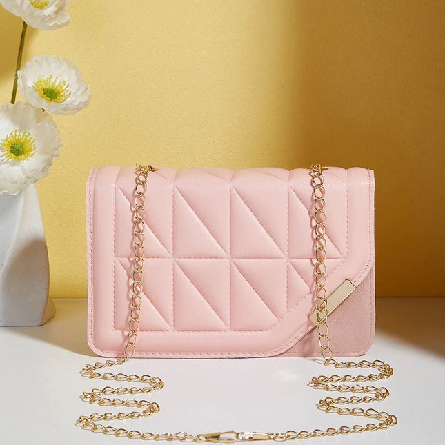 Trendy Embroidered Square Bag  - Diamond Pattern Shoulder Purse with Chain Strap & Magnetic Closure PlatiNum
