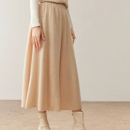 Women's 100% Pure Cashmere Skirt Autumn Winter Mid-calf A-line Knitted Full Skirt High Waist Soild Dress Elegant Basic High-end PlatiNum