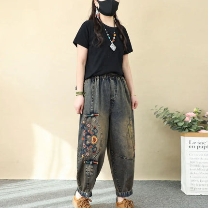 Jeans Ricamati Artistici Retrò da Donna, Nuovi Pantaloni Casual in Denim Elasticizzato a Vita Alta, Collezione Primavera Autunno 2026