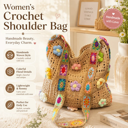 Borsa tote da donna in stile boho con motivo floreale all'uncinetto, borsa a tracolla in maglia intrecciata di grande capacità, borsa da spiaggia estiva per ragazze