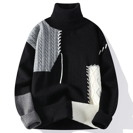 Autumn Winter Knit Turtleneck Sweater Men Fashion Patchwork Knitted Pullovers Mens High Quality Casual Sweaters Warm Streetwear