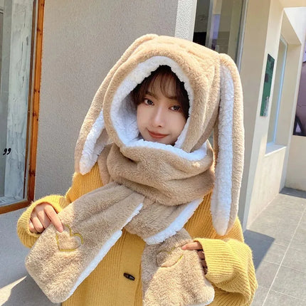 New Fashion Scarf Hat Glove Women Cute Big Ear Bunny Beanie Winter Warm Soft Thickening Pocket Warm Ear Hats Hooded Skullie Caps