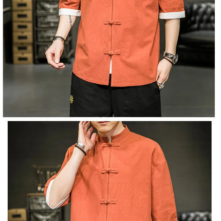 Camicia stile giapponese da uomo estiva cinese colletto rialzato Yukata Kimono Samurai Indossare T-shirt color block Hanbok Cappotto casual