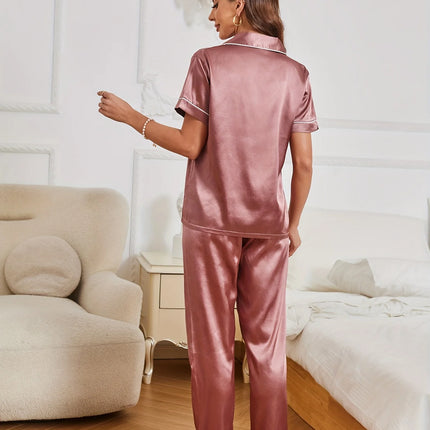 Pigiama in raso con ricamo a cuore, casual, manica corta, bottoni, colletto con risvolto, top e pantaloni, indumenti da notte da donna