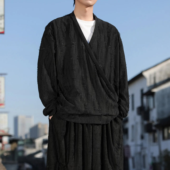 Herren-T-Shirt, zerrissen mit Löchern, Hip-Hop-Punk-Stil, Langarm, Vintage-Baumwolle, Destroyed-Effekt, Oversize, Streetwear.