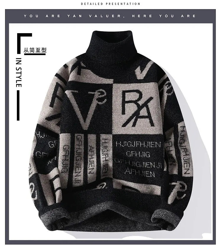 2024 Winter men's flower pattern Sweaters thick O-neck sweater men youth autumn Men's Turtle neck wool Casual Knitwear Pullover
