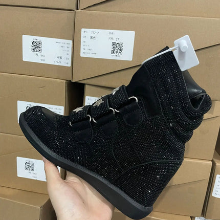 Women Rhinestone High Top Sneakers Hidden Wedge Heel Shoes Star Decor Hook & Loop Fashion Platform Ankle Boots