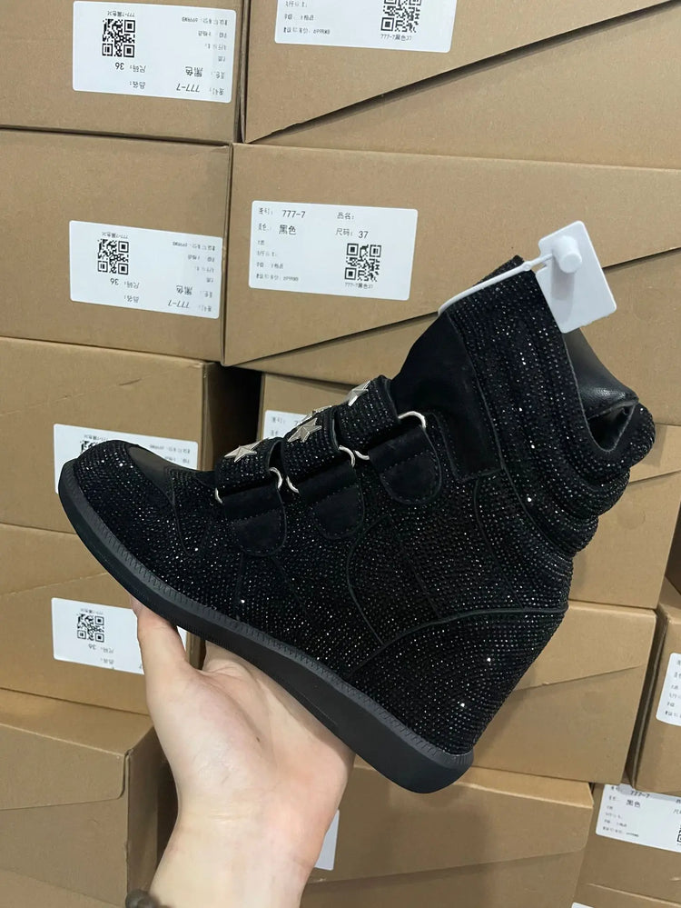Women Rhinestone High Top Sneakers Hidden Wedge Heel Shoes Star Decor Hook & Loop Fashion Platform Ankle Boots