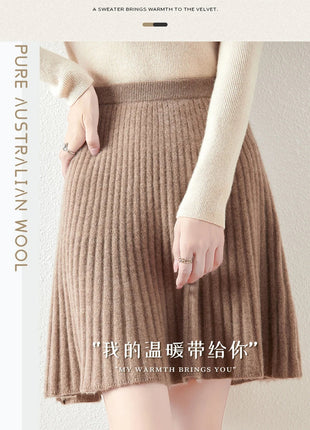 Korean Skirt 100% Merino Wool Women's Knitted Mini Skirt Autumn and Winter Women's Fashion Solid Color Small Umbrella Skirt PlatiNum