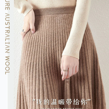 Korean Skirt 100% Merino Wool Women's Knitted Mini Skirt Autumn and Winter Women's Fashion Solid Color Small Umbrella Skirt PlatiNum