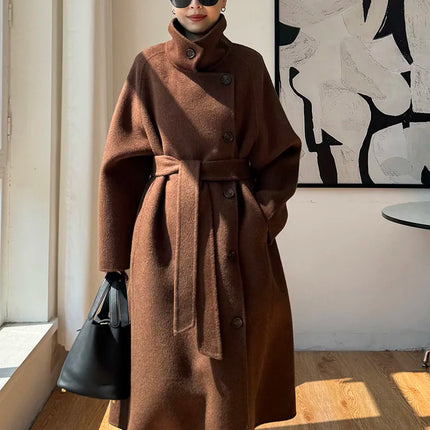 Korean Fashion Dark Gray Stand Collar 100%Wool Coat Women Long Winter Jacket