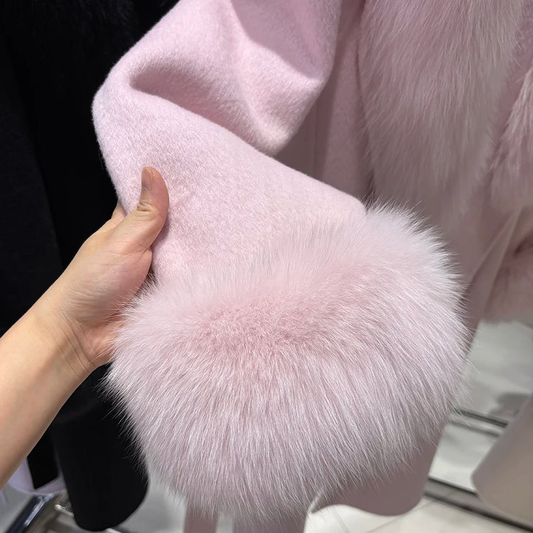 YOLOAgain Women's 100% Wool Coat Long With Detachable Real Fox Fur Collar 2025 Autumn Elegant Double-Sided Wool Coat