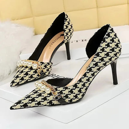 BIGTREE Scarpe 2026 Primavera Donna Pompe Catena di metallo perlato Tacchi alti Grana a quadri Tacchi a spillo Tacchi da donna Scarpe da banchetto di lusso 43 platinumshop