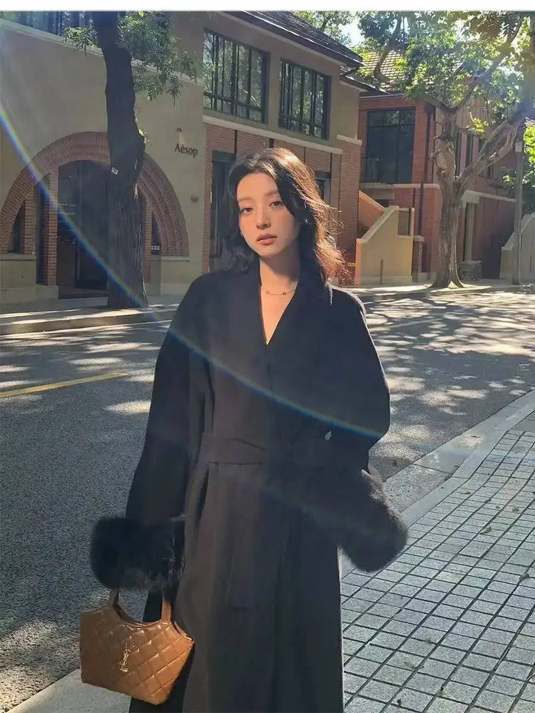 BJTZ Fox Fur Classic Long Double-Sided Pure Wool Coat For Women 2025 New Autumn Winter High-End Woolen Jacket