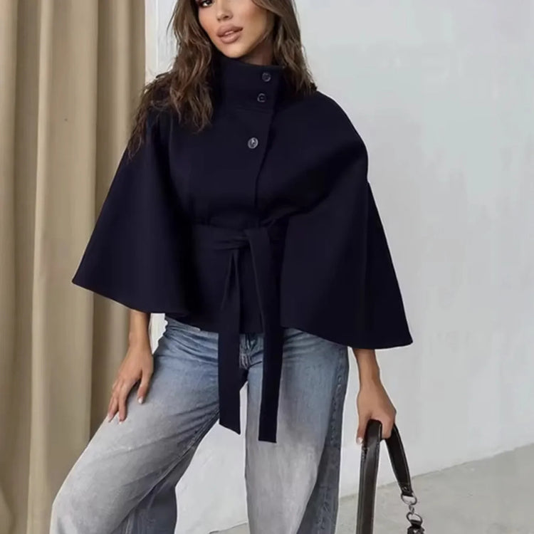 Women's Elegant Midi Cape Coat with Stand Collar Three Quarter Flared Sleeves Solid Color Belted Loose Fit Poncho For Woman