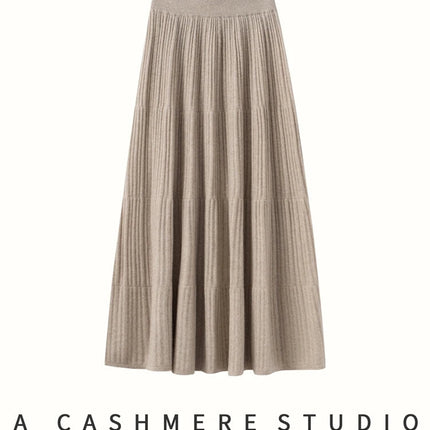 Autumn Winter Women Tiered Skirt Cashmere A-line Pleated Skirt Elastic Waist 100% Cashmere Knitted High Quality Soft Solid Dress PlatiNum