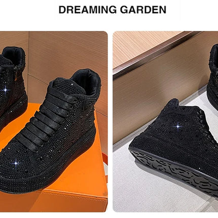Designer Platform Sneakers Full Diamond Luxury Shoes Versatile Flat Bottom High-top Casual Skateboard Shoes Zapatos De Mujer