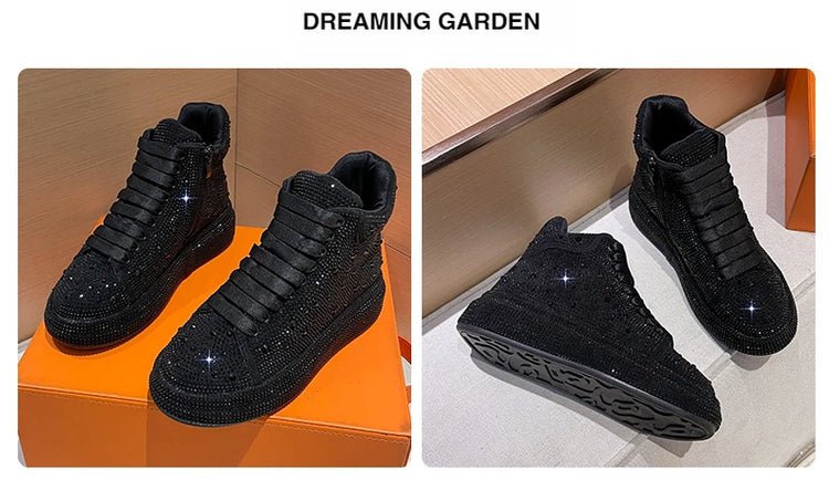 Designer Platform Sneakers Full Diamond Luxury Shoes Versatile Flat Bottom High-top Casual Skateboard Shoes Zapatos De Mujer