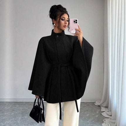Elegant Stand Collar Tie Waist Cape Design Wool Coat, Coats for Women Spring Summer Outerwear with Chic Overcoat Style