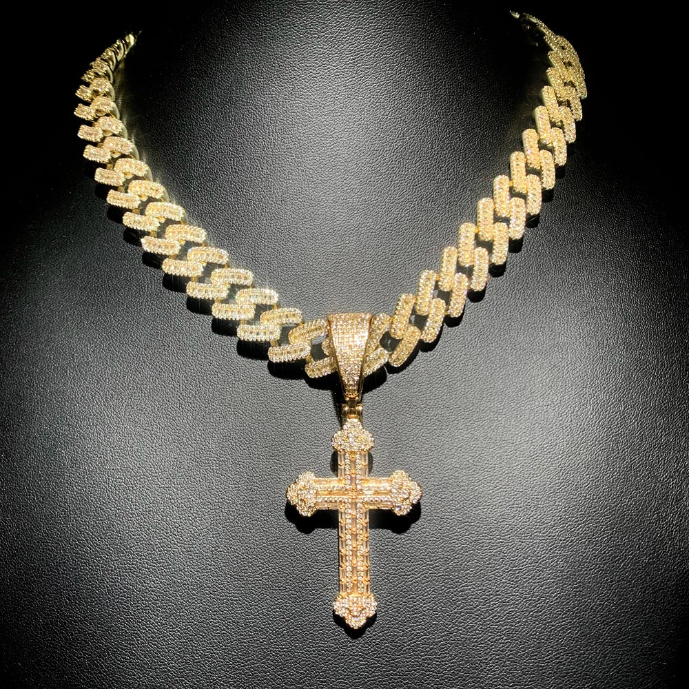 Collana con croce ghiacciata per uomo donna ciondolo con zirconi color argento bling con catena a maglie cubane da 15 mm gioielli hip-hop