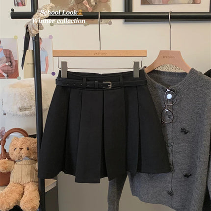 MEXZT Streetwear Woolen Mini Skirt Women Fashion Harajuku with Belt Black Pleated Skirts Fall Winter Preppy Korean A Line Faldas PlatiNum