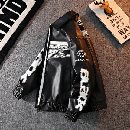 2026 New Men's American Racing Style Printed Leather Jacket Fashion Stand Collar Motorcycle Biker Coat Casual Outerwear PU