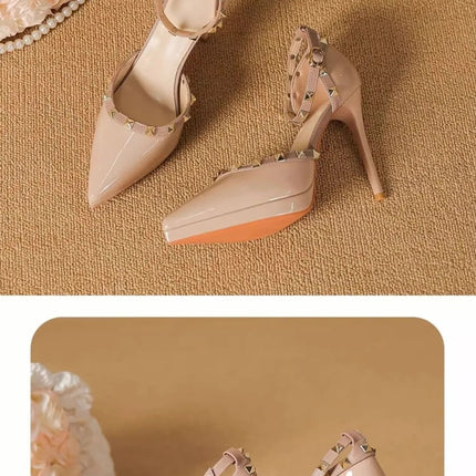 Sandali Nude con Punta a Spillo e Fibbia da Donna, Tacco Sottile Estivo, Impermeabili, con Plateau, Comodi, con Rivetti, in Pelle Sintetica platinumshop