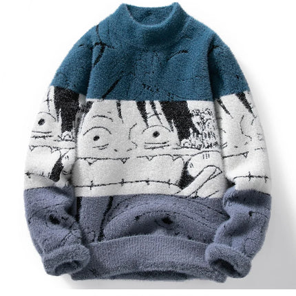 Mink Plush Thickened Round Neck Sweater New Men's Autumn Winter Loose Print Patchwork Fashion Knitted Sweater Long Sleeved Tops