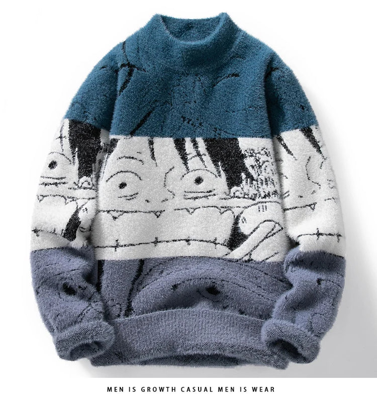 Mink Plush Thickened Round Neck Sweater New Men's Autumn Winter Loose Print Patchwork Fashion Knitted Sweater Long Sleeved Tops