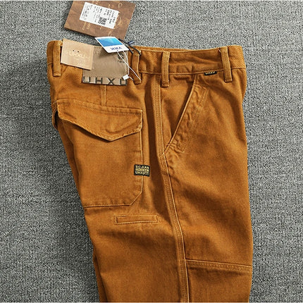 Retro heavy simple cargo pants men's loose straight leg casual pants pure cotton twill woven 3D vertical cut cone pants