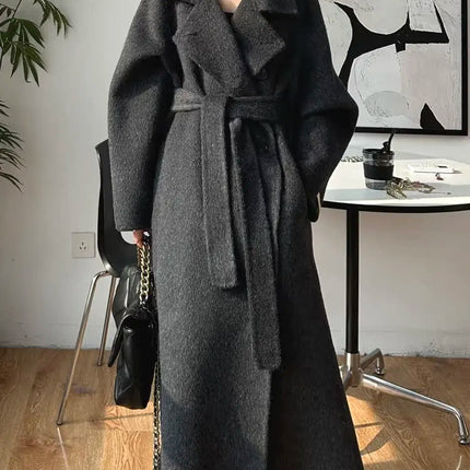 Korean Fashion Dark Gray Stand Collar 100%Wool Coat Women Long Winter Jacket