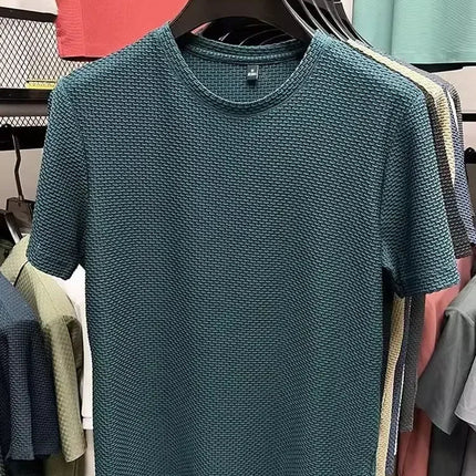 Men's Short Sleeve Mesh Bamboo Ice Silk T-shirt Casual Versatile Summer Elastic Slimming Top for Men PlatiNum
