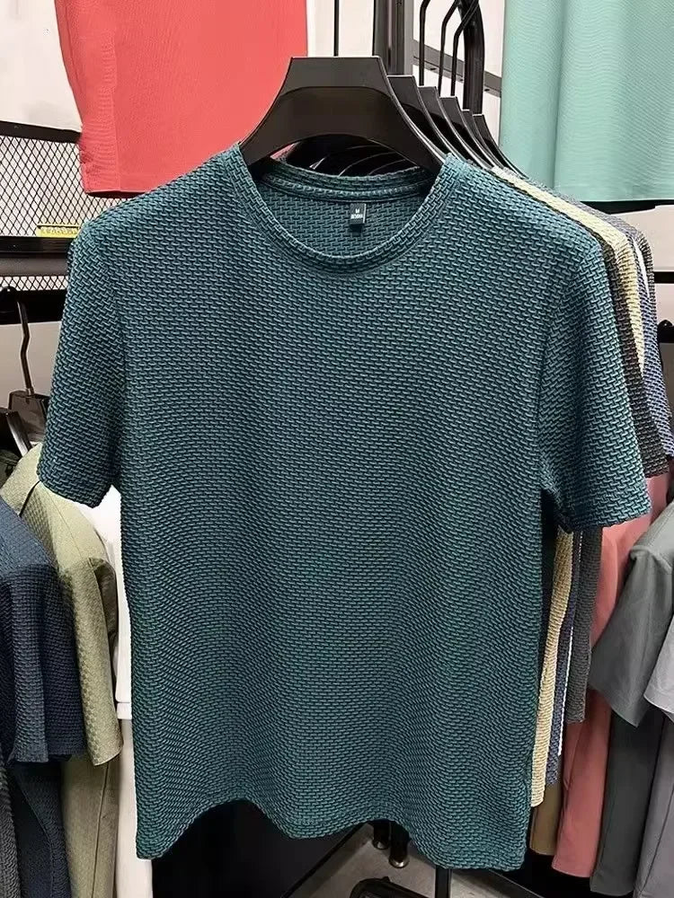 Men's Short Sleeve Mesh Bamboo Ice Silk T-shirt Casual Versatile Summer Elastic Slimming Top for Men PlatiNum