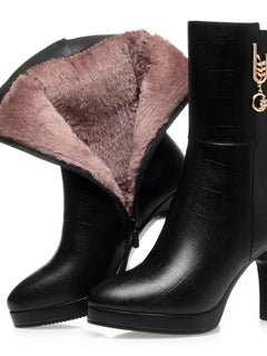 Women's Mid-calf Boots Temperament Pointed High Heeled Boots High Quality Casual Leather Boots for Women Plush Warm Winter Boot