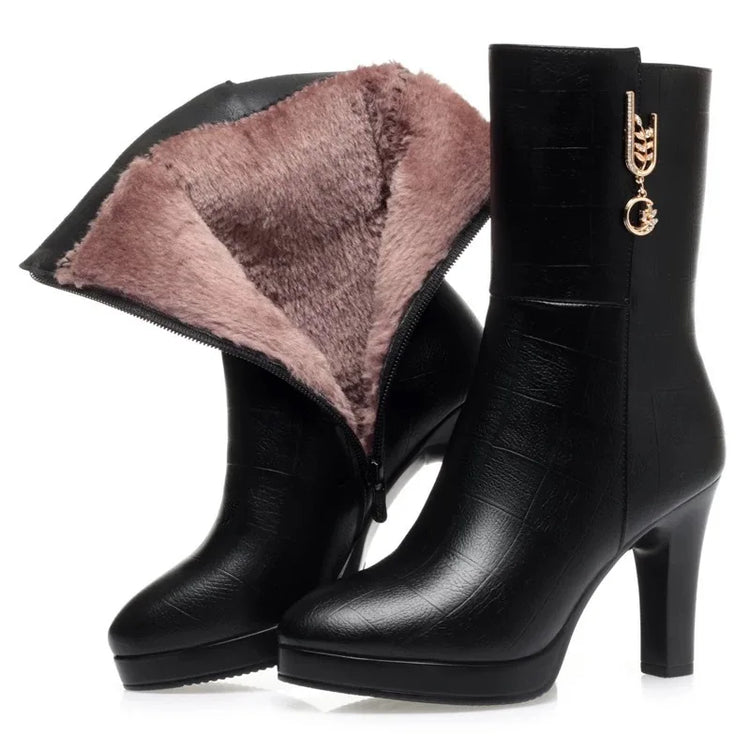 Women's Mid-calf Boots Temperament Pointed High Heeled Boots High Quality Casual Leather Boots for Women Plush Warm Winter Boot
