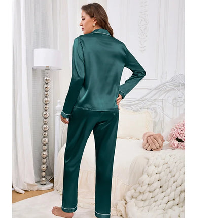 Vestiti per la casa delle donne Pigiama in raso Autunno Tasca a maniche lunghe Ricamo a forma di cuore Top e pantaloni Pigiama Femme Loungewear Pj Set