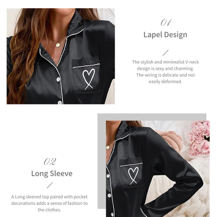 Vestiti per la casa delle donne Pigiama in raso Autunno Tasca a maniche lunghe Ricamo a forma di cuore Top e pantaloni Pigiama Femme Loungewear Pj Set