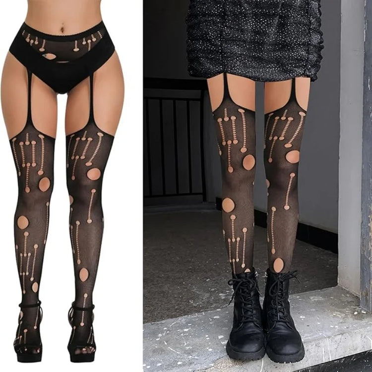 Calze a rete sexy da donna da 3 pezzi Collant con reggicalze alti fino alla coscia con reggicalze Design con motivo scavato per uso occasionale