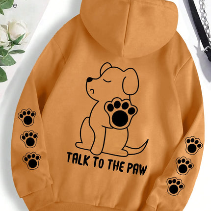 Talk To The Paw Funny Dog Cartoon Print Hoodie Women Warm Fleece Hoody Fashion Casual Hooded Autumn Loose Round Neck Woman Tops