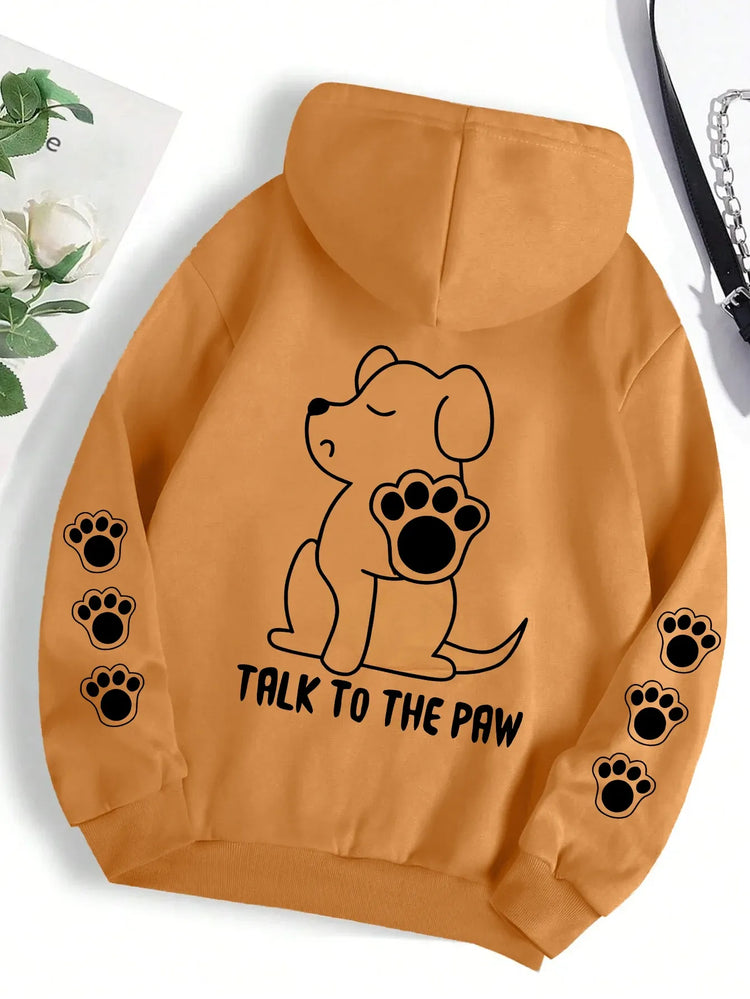 Talk To The Paw Funny Dog Cartoon Print Hoodie Women Warm Fleece Hoody Fashion Casual Hooded Autumn Loose Round Neck Woman Tops