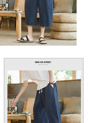 Pantaloni di lino da uomo in stile cinese Pantaloni a gamba larga da uomo con cavallo basso Pantaloni da uomo HipHop Pantaloni al polpaccio Pantaloni da pista Streetwear