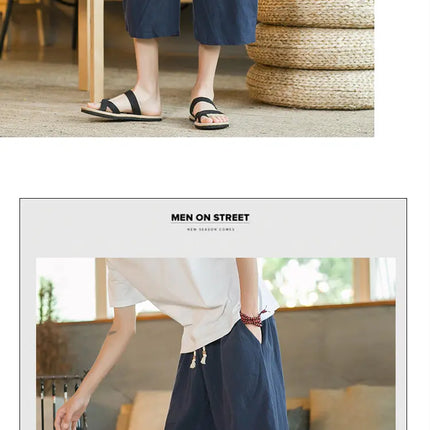 Pantaloni di lino da uomo in stile cinese Pantaloni a gamba larga da uomo con cavallo basso Pantaloni da uomo HipHop Pantaloni al polpaccio Pantaloni da pista Streetwear