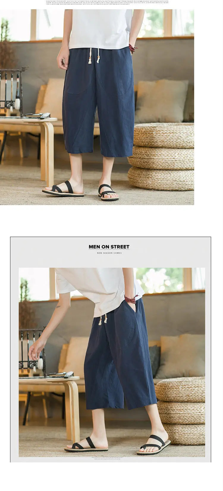 Pantaloni di lino da uomo in stile cinese Pantaloni a gamba larga da uomo con cavallo basso Pantaloni da uomo HipHop Pantaloni al polpaccio Pantaloni da pista Streetwear