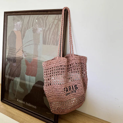Hylhexyr Women's Letter Embroidered Shoulder Bag Woven Straw Bag Large Capacity Empty Holiday Beach Bags