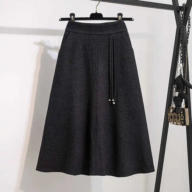 Thicken Woolen Skirt For Women Autumn Winter High Waist Loose A-Line Skirts Elegant Office Lady Mid-length Skirt PlatiNum