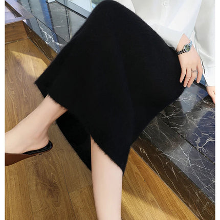 100% Mink Cashmere Half Skirt Women Mid-Long Elastic High Waisted A-line Skirt Loose Knit Hip Skirt Autumn Straight Tube Skirts PlatiNum