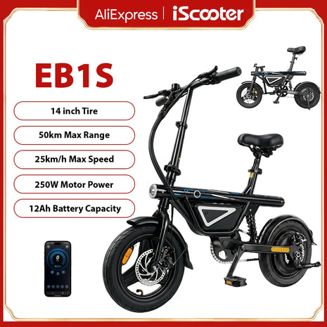 Bicicletta Elettrica EB1S da 14 Pollici, Motore 250W, Batteria 12Ah, Autonomia 30-50km, 3 Velocità, Velocità Massima 25km/h, Sospensione Centrale, E-Bike Pieghevole per Città, Bicicletta Elettrica per Adulti con Controllo