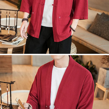 Kimono Camicia da uomo Samurai giapponese Cardigan tinta unita retrò Stile cinese Cotone Lino Yukata Haori Cappotto da uomo allentato Streetwear