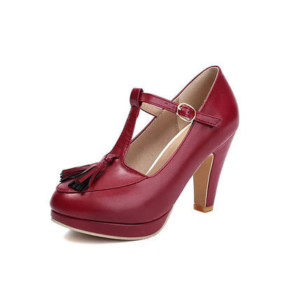 NASBAVI Fashion Female Pumps Round Toe Chunky Heels 9cm Platform 1.5cm Buckle T-Strap Tassels Plus Size 46 47 48 Sexy Shoes PlatiNum